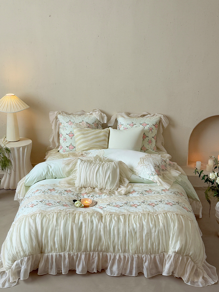 French Cotton Bedding Set Embroidered Lace Princess Rose Flat Sheet