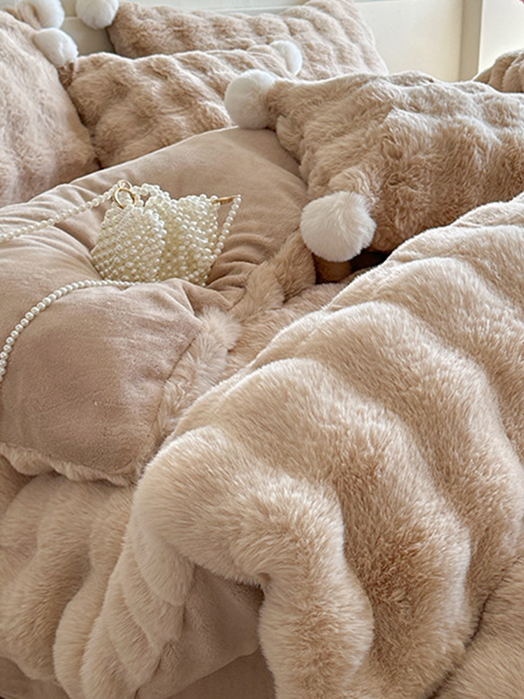 Minimalist Winter Faux Rabbit Fur Bedding Set Flat Sheet