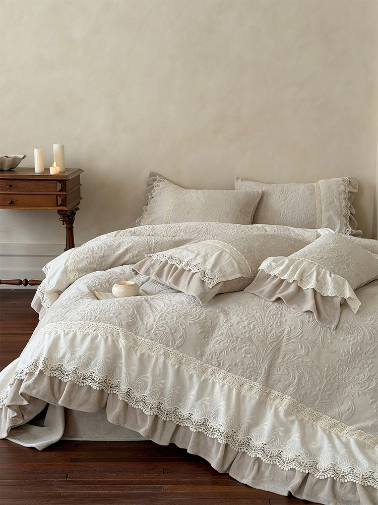 French Winter Ultra Soft Plush Fleece Bedding Set Carved Cream Lace Flat Sheet
