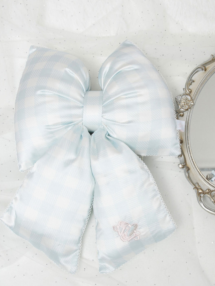 Original Ballet Blue White Check Bow Satin Throw Pillow