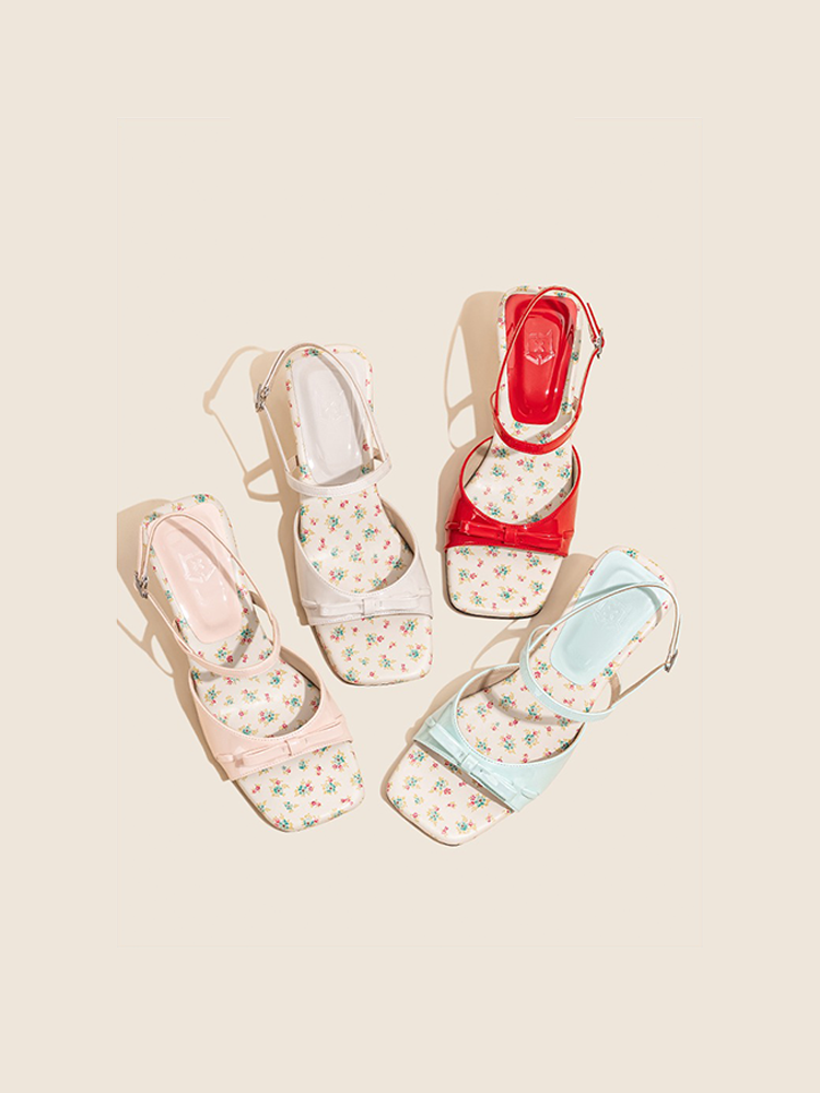 Floral Wedge Sandals with Bow & Block Heel
