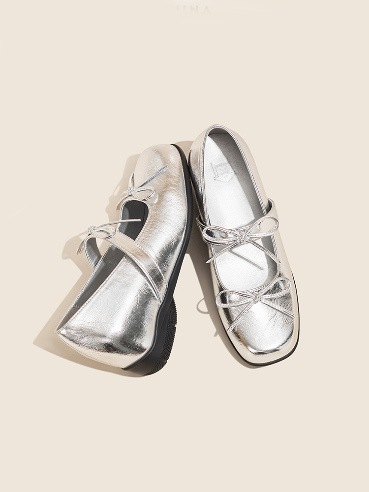 7cm Height-Increase Silver Bow Mary Jane Ballet Flats