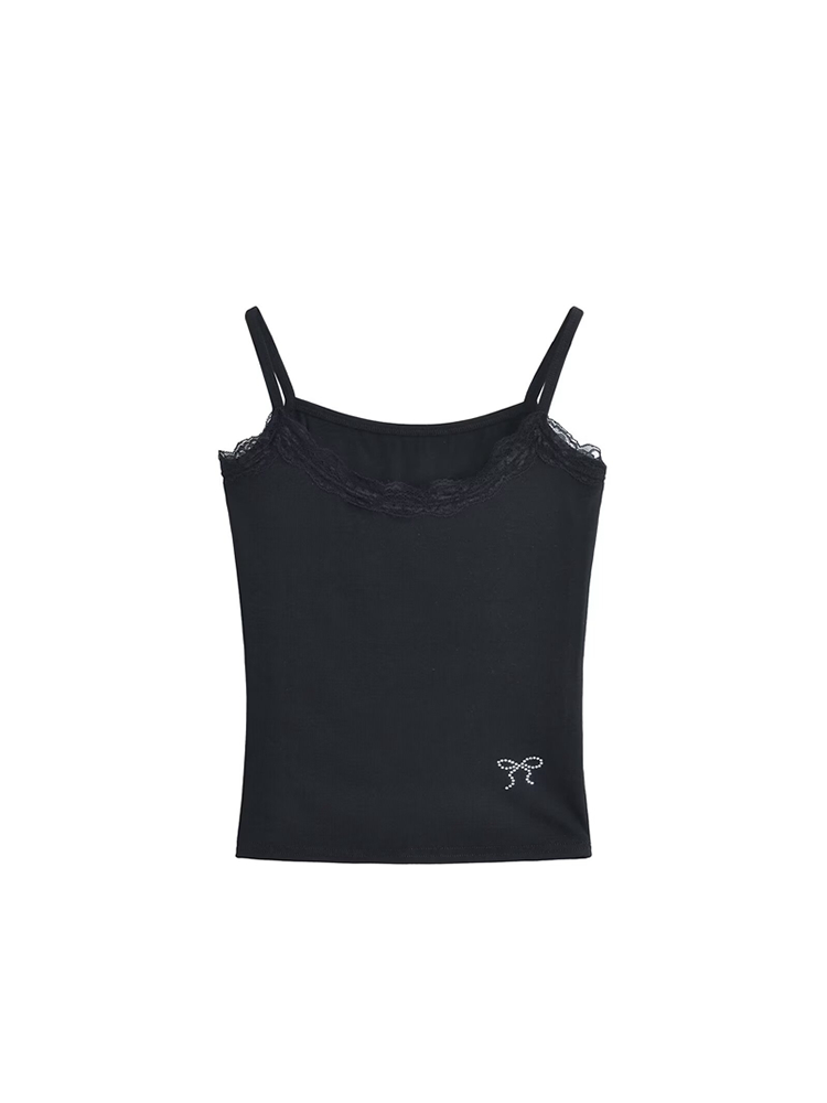 Lace Trim Ruched Cami Top & Rhinestone Hem Pants Set