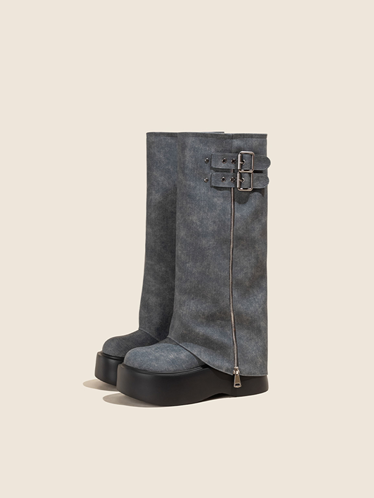 Denim Stacked Long Boots