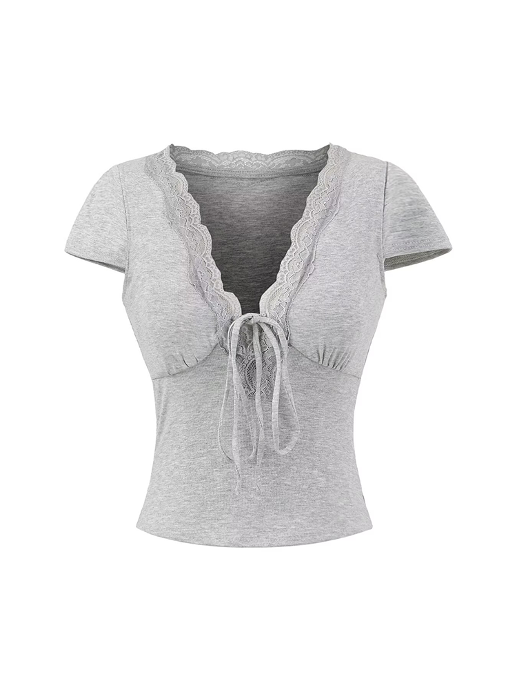 Lace Trim Tie-Front Deep V T-Shirt