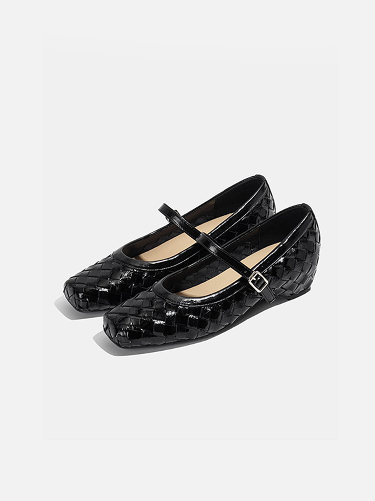 French Woven Slip-On Mary Jane Flats with Buckle Strap