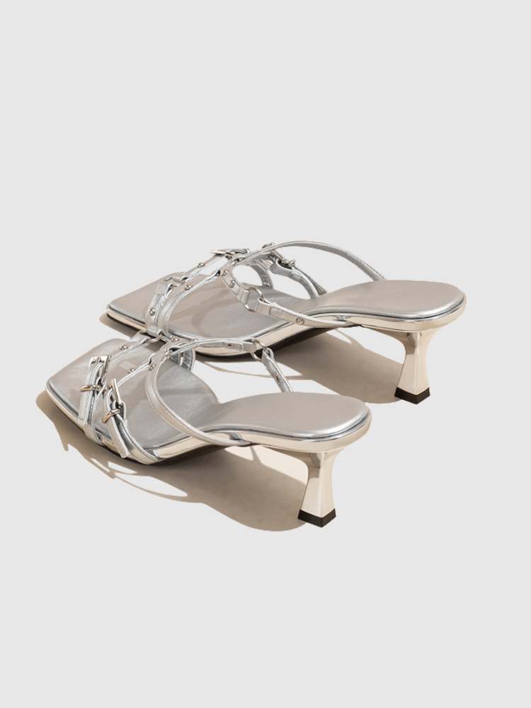 Silver Stiletto Heel Slide Sandals with Open Toe & Strap