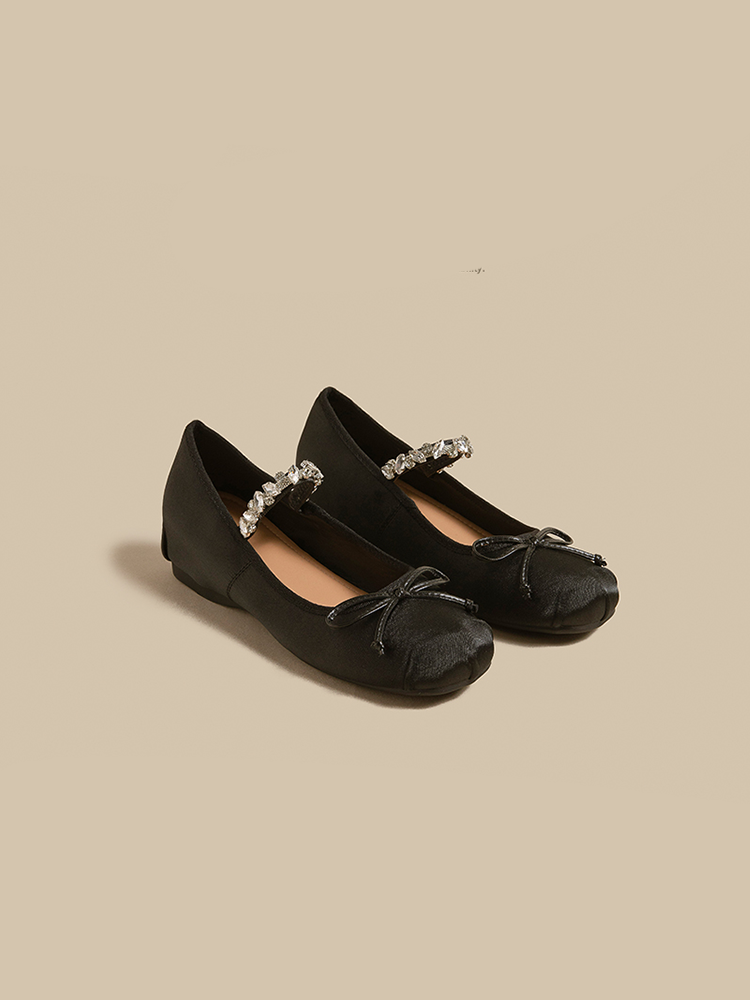 Satin Ballet Flats with Rhinestone Bow