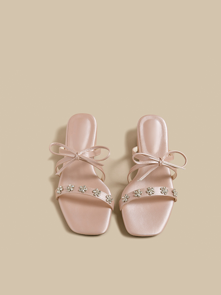 Bow Rhinestone Block Heel Sandals