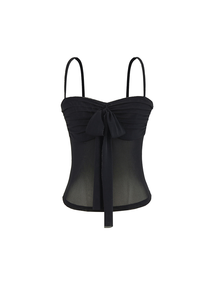 Mesh Ruched Bow Tie Strap Tube Top
