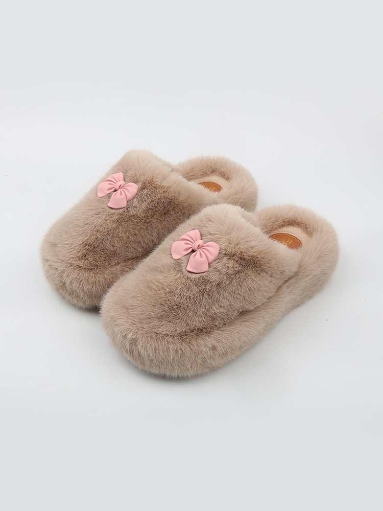 Bow Fuzzy Platform Slippers – Closed-Toe Winter Mules