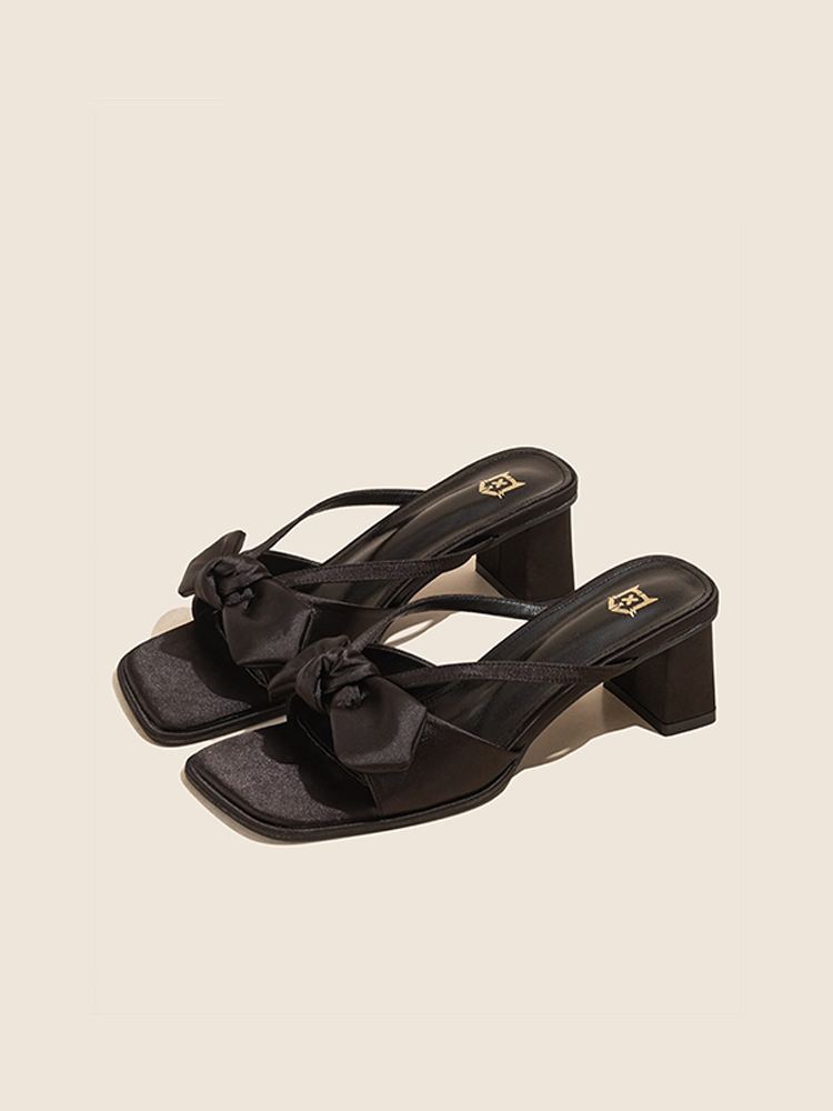 Bow Detail French Square Toe High Heel Slides