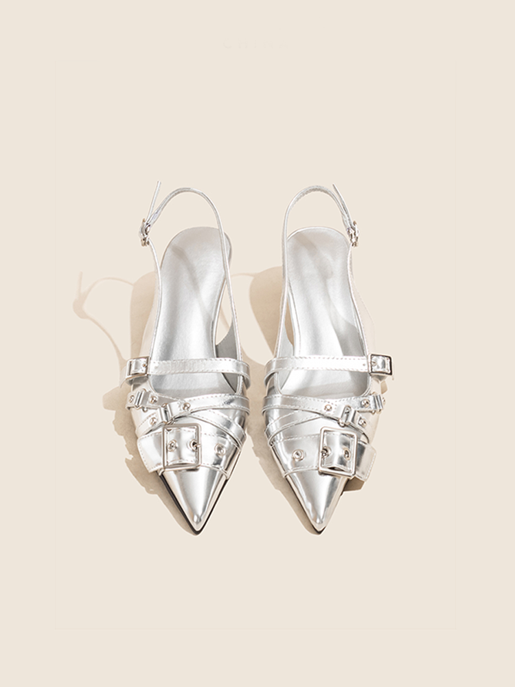 Silver Pointed Toe Leather High Heel Slide with Buckle