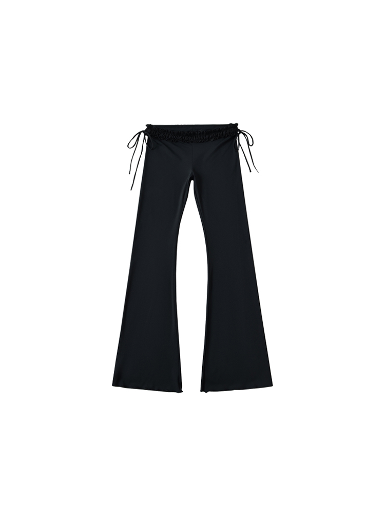 Ruched Drawstring Flare Pants with Lace Trim