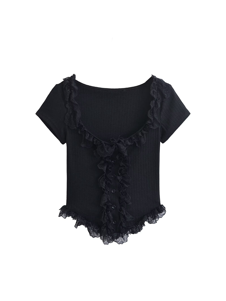 Lace Trim Button-Up Cropped Shirt