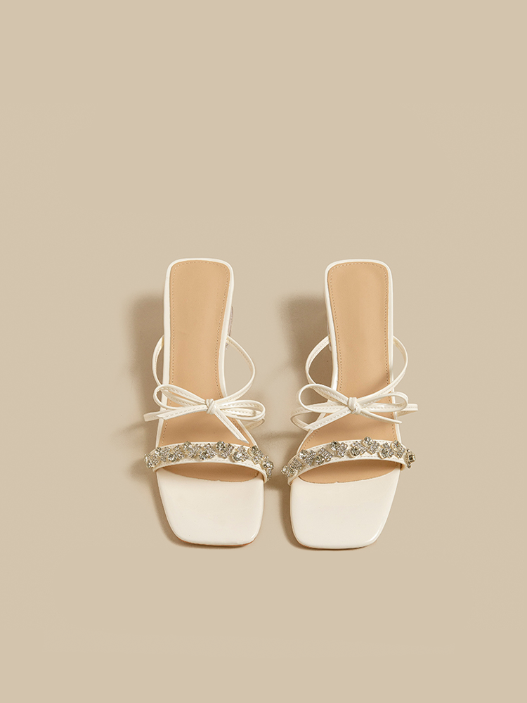 Rhinestone Bow Transparent Block Heel Pumps