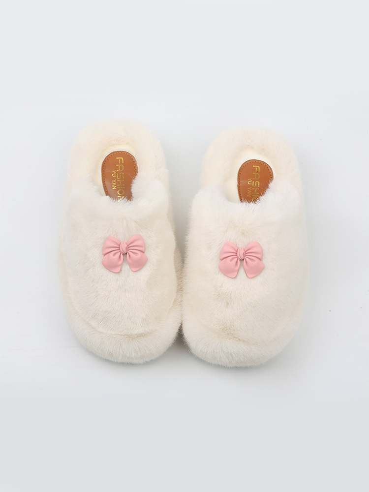 Bow Fuzzy Platform Slippers – Closed-Toe Winter Mules