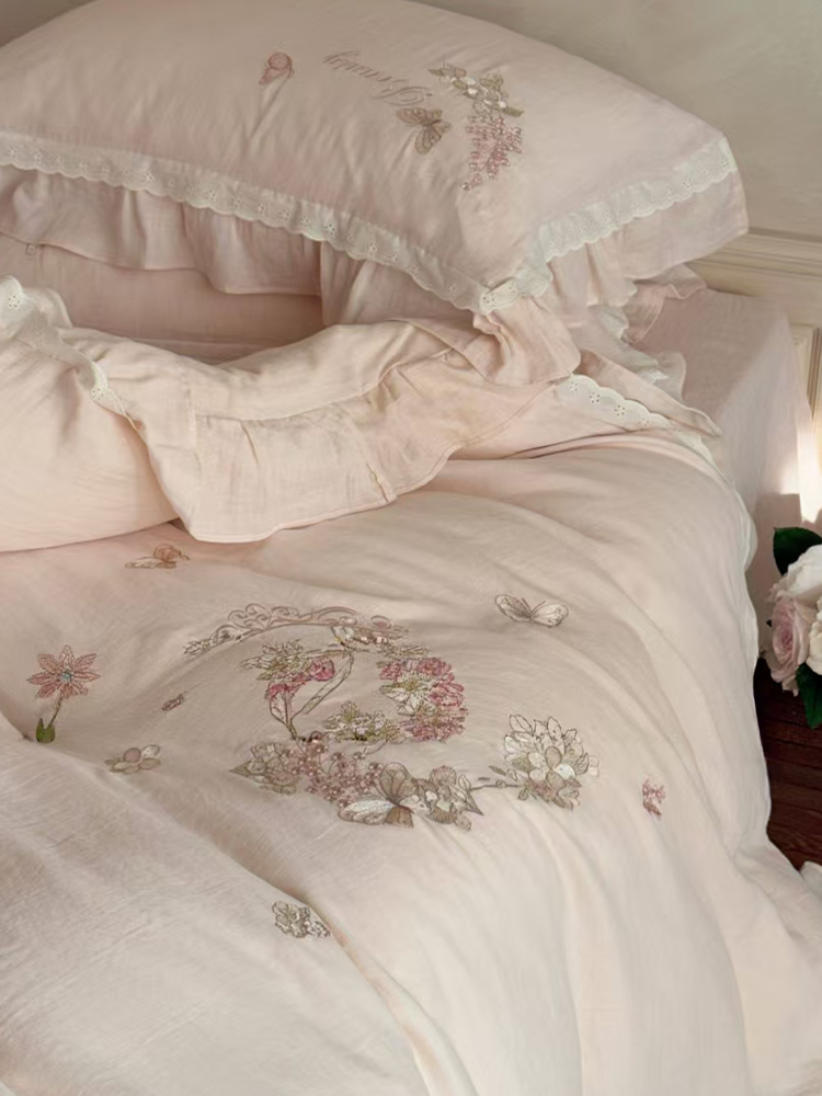 French Gentle Cotton Gauze Bedding Set Embroidered Lace Flat Sheet