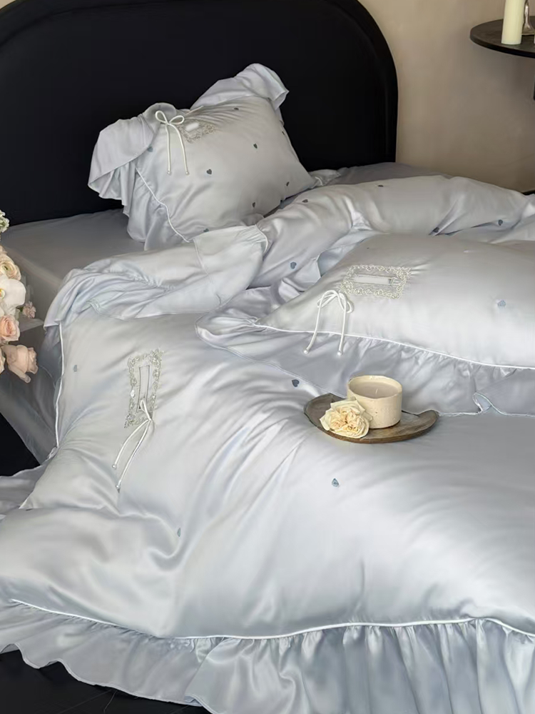 French Sweet Tencel Bedding Set Embroidered Silky Lace Summer Flat Sheet