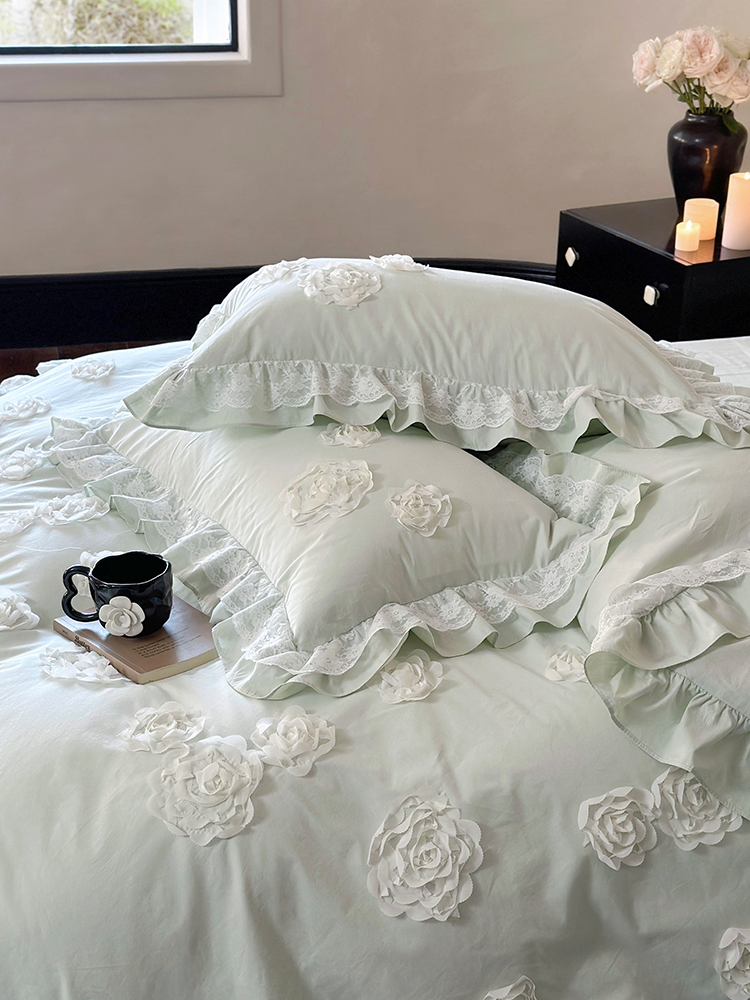 French Romantic Cotton Bedding Set 3D Floral Princess Lace Flat Sheet