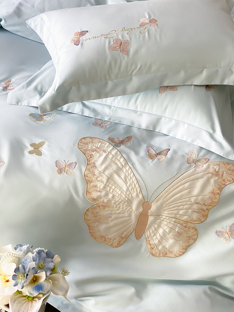 Luxury Brushed Long Staple Cotton Bedding Set Princess Butterfly Fitted Sheet