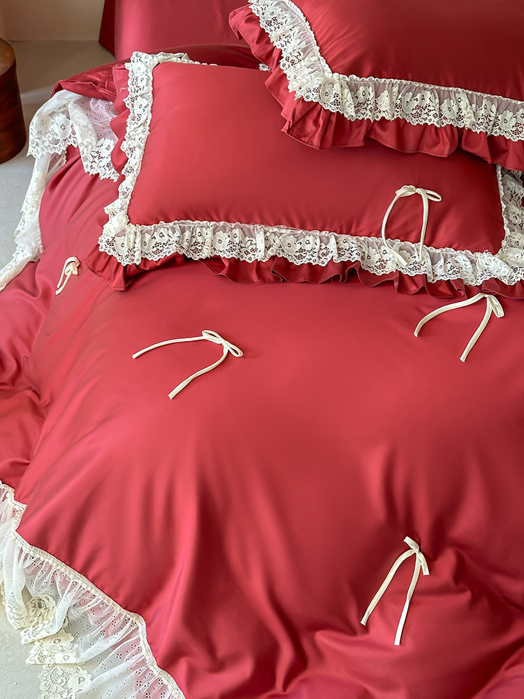 Tencel Cotton Blend Bedding Set Handcrafted Bow Lace Flat Sheet