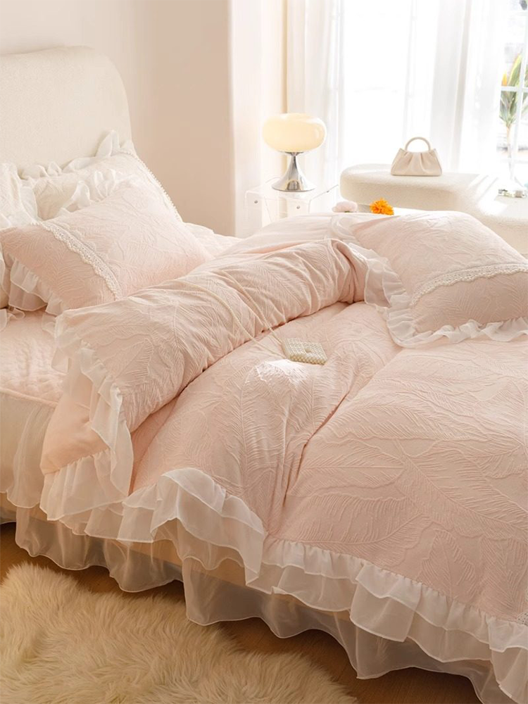 French Romantic Ultra Soft Plush Fleece Bedding Set Lace Princess Bed Skirt
