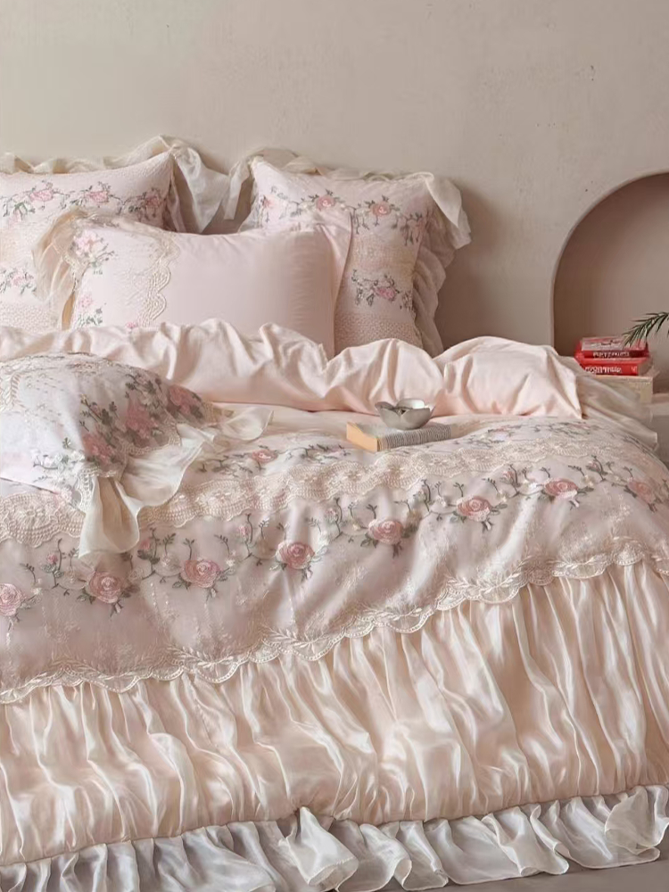 French Cotton Bedding Set Embroidered Lace Princess Rose Flat Sheet