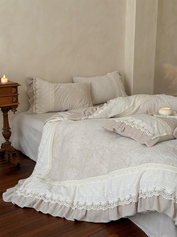 French Winter Ultra Soft Plush Fleece Bedding Set Carved Cream Lace Flat Sheet