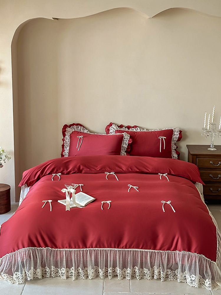 Tencel Cotton Blend Bedding Set Handcrafted Bow Lace Flat Sheet