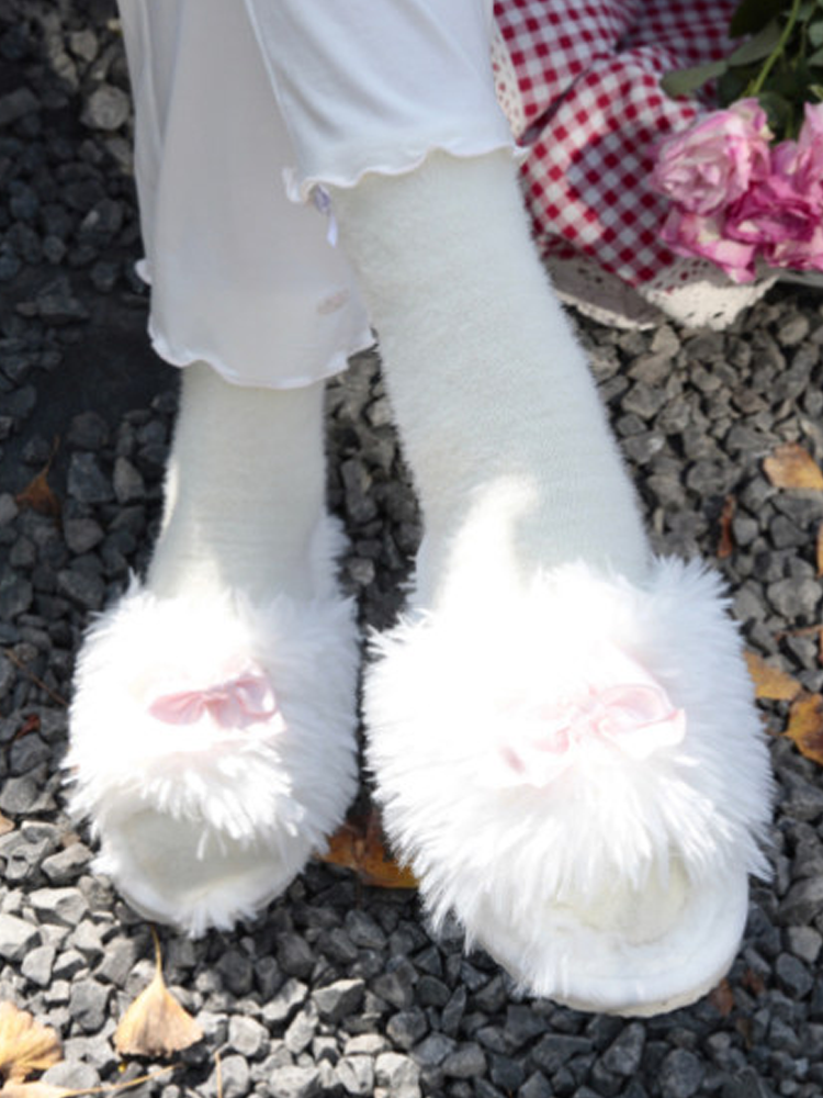 Cute Bow Plush House Slippers Fall Winter Indoor
