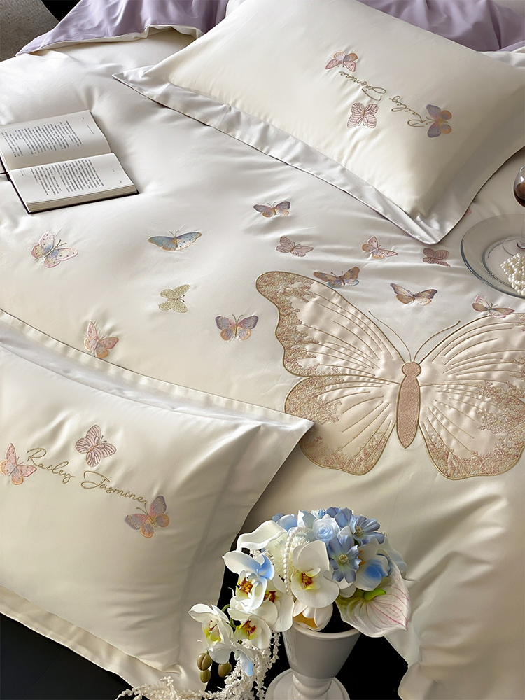 Luxury Brushed Long Staple Cotton Bedding Set Princess Butterfly Fitted Sheet