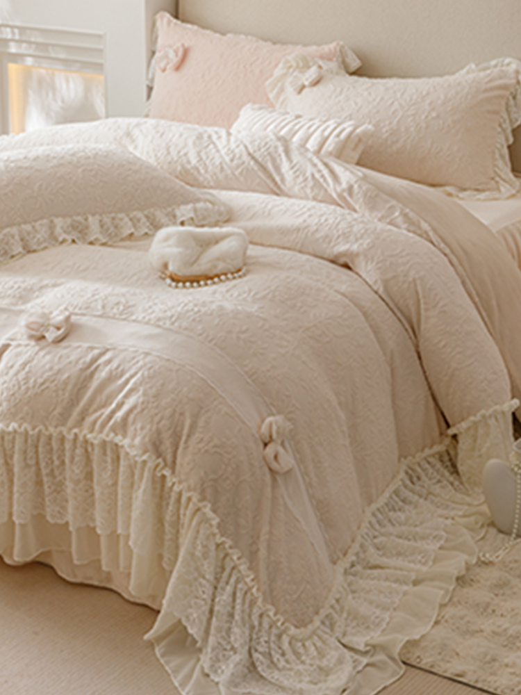 French Winter Ultra Soft Plush Fleece Bedding Set Lace Princess Bed Skirt