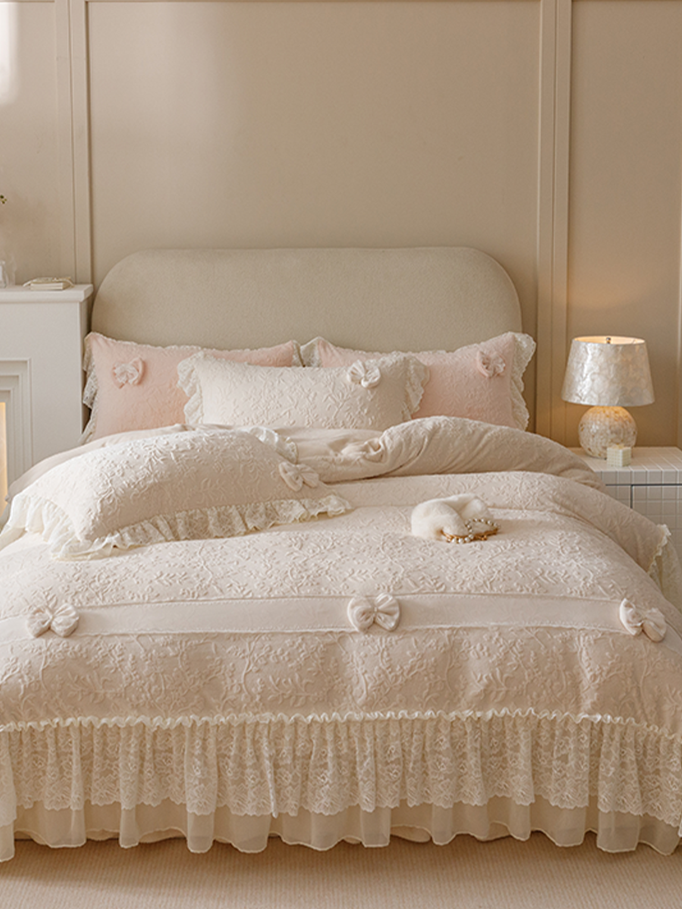 French Winter Ultra Soft Plush Fleece Bedding Set Lace Princess Bed Skirt