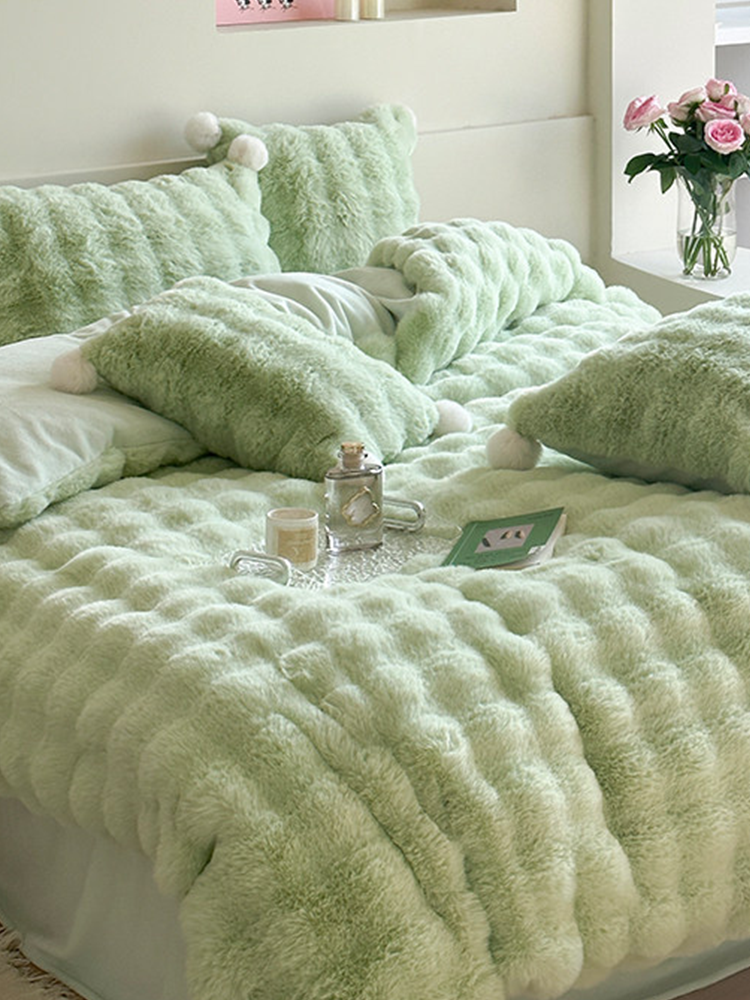 Minimalist Winter Faux Rabbit Fur Bedding Set Flat Sheet