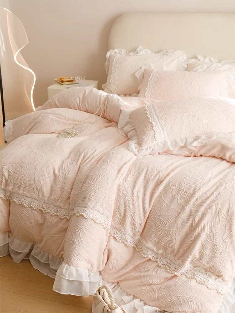 French Romantic Ultra Soft Plush Fleece Bedding Set Lace Princess Bed Skirt