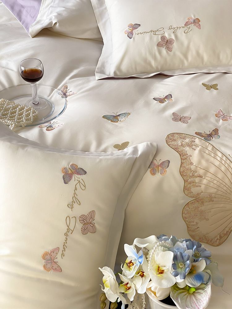 Luxury Brushed Long Staple Cotton Bedding Set Princess Butterfly Fitted Sheet