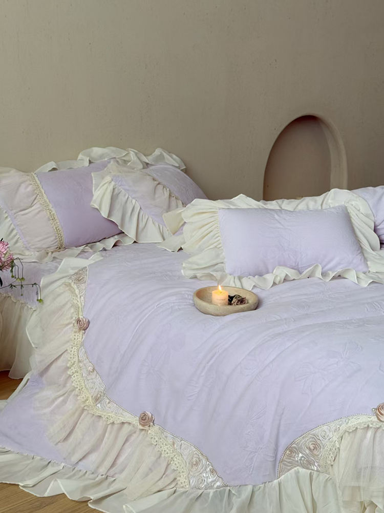 French Romantic Plush Ultra Soft Plush Fleece Bedding Set Embossed Lace Flat Sheet