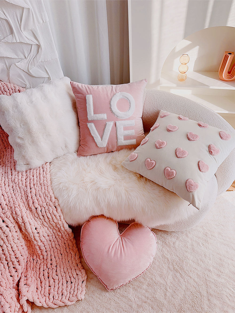 French Pink Velvet Decorative Pillow Cute Accent Cushion