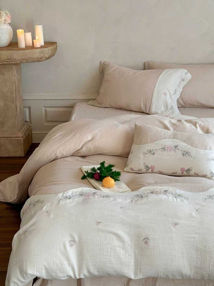 Fresh Pink Cotton Gauze Bedding Set Embroidered Soft Flat Sheet