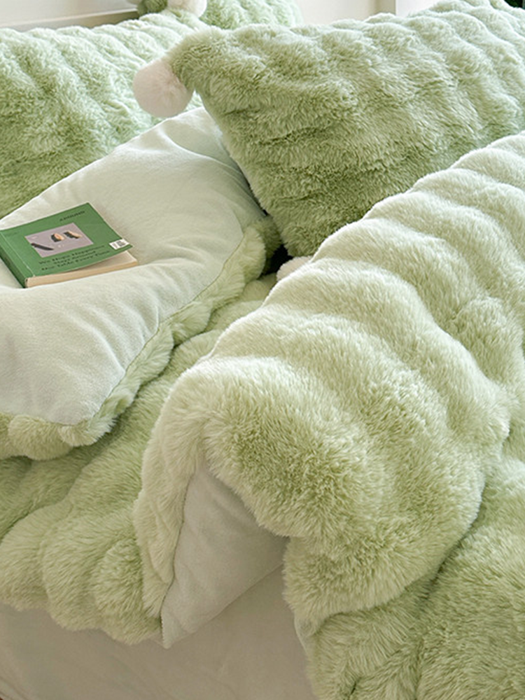 Minimalist Winter Faux Rabbit Fur Bedding Set Flat Sheet