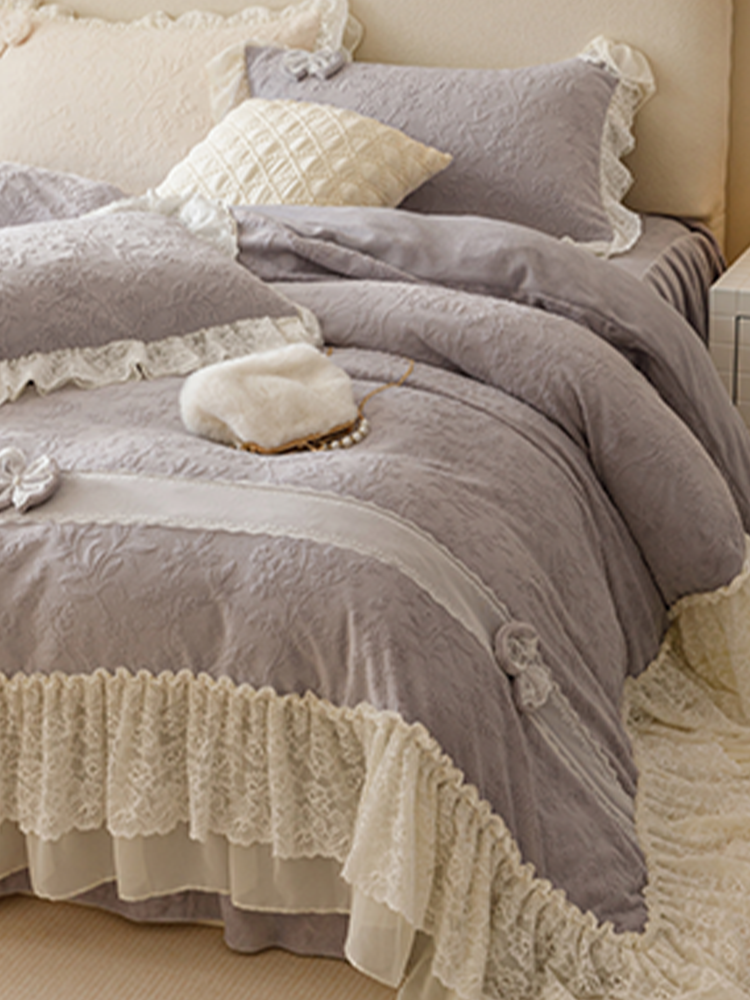 French Winter Ultra Soft Plush Fleece Bedding Set Lace Princess Bed Skirt