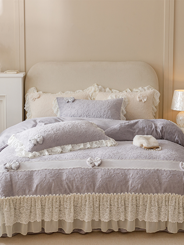 French Winter Ultra Soft Plush Fleece Bedding Set Lace Princess Bed Skirt