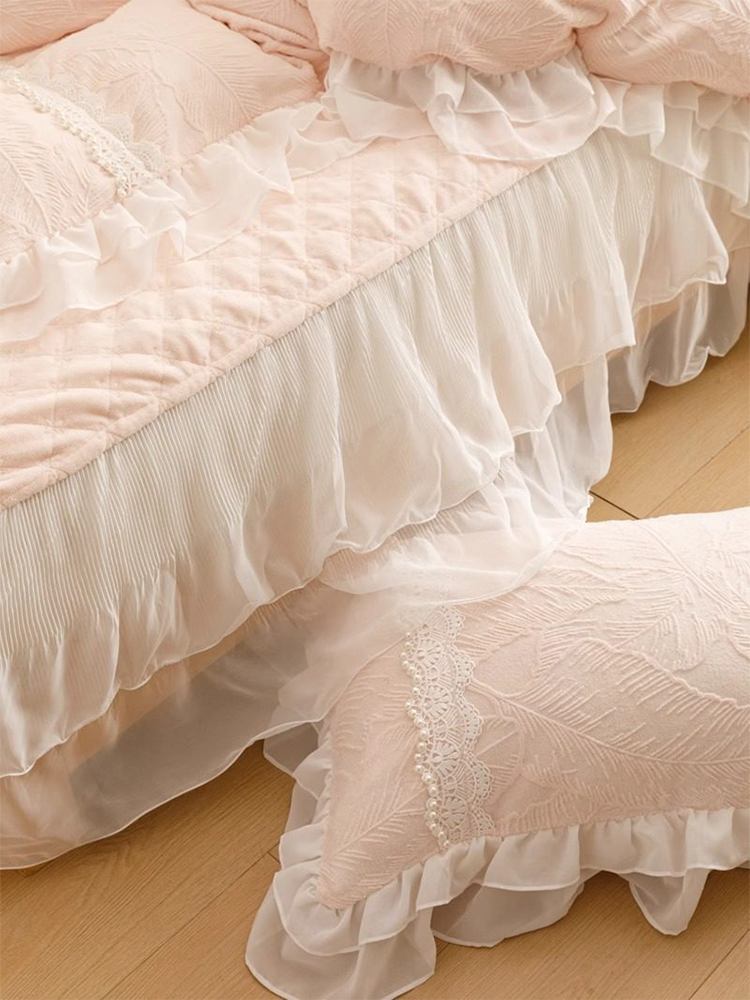 French Romantic Ultra Soft Plush Fleece Bedding Set Lace Princess Bed Skirt