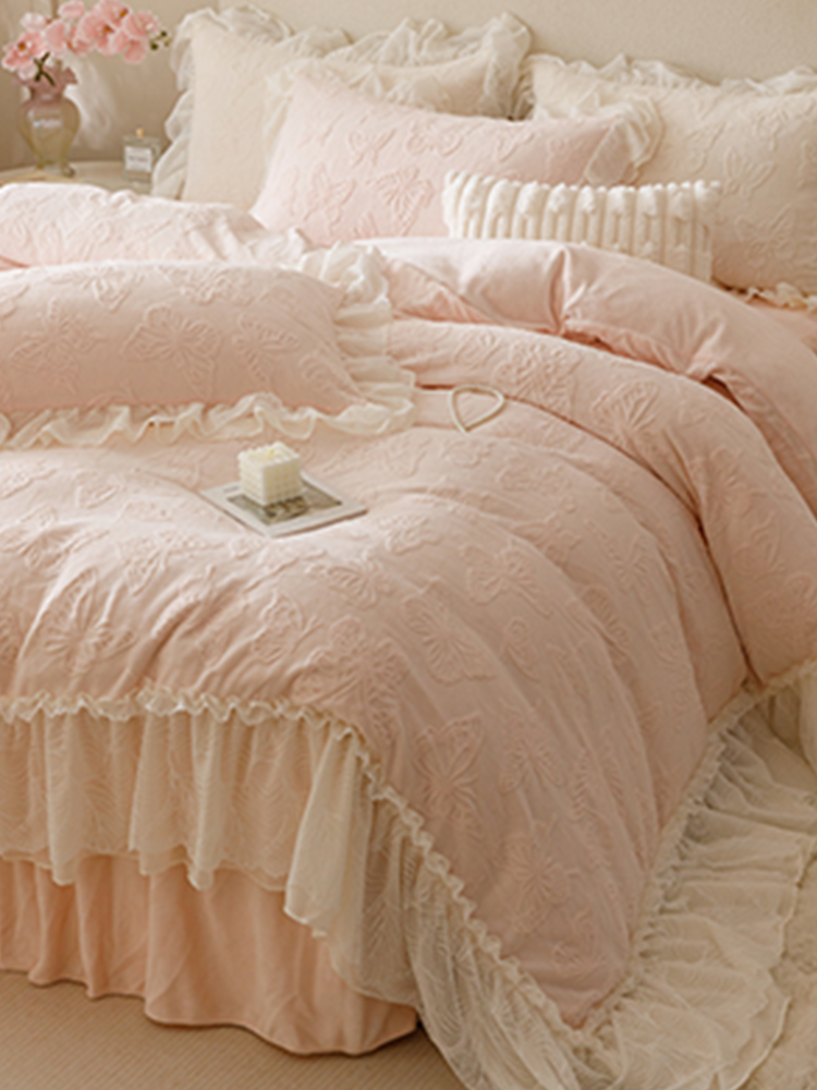 French Winter Ultra Soft Plush Fleece Bedding Set Lace Princess Bed Skirt