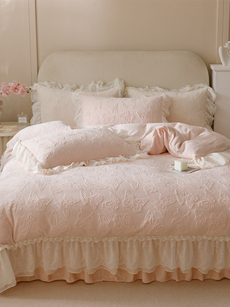 French Winter Ultra Soft Plush Fleece Bedding Set Lace Princess Bed Skirt