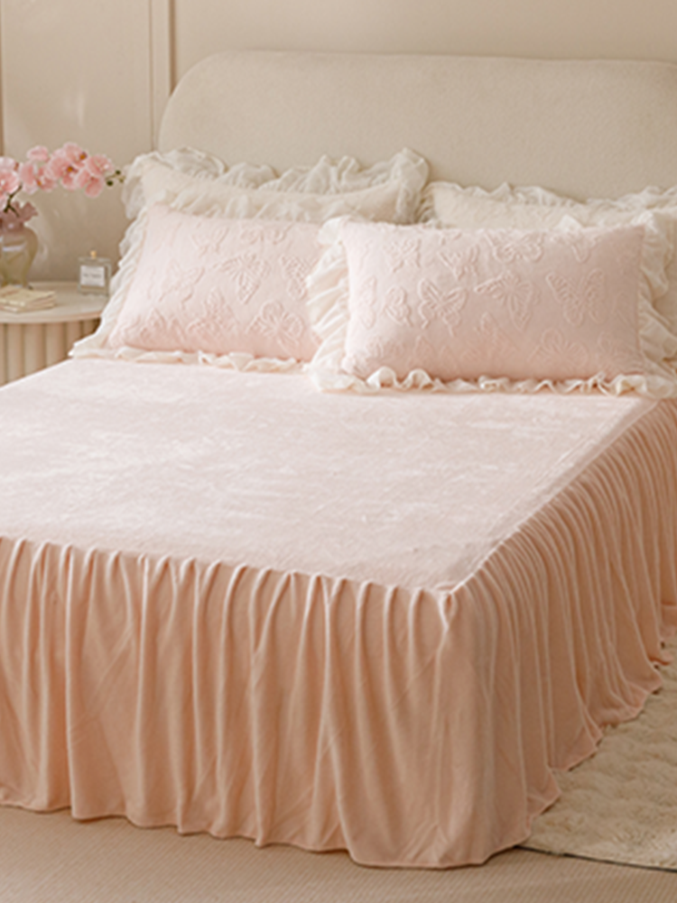 French Winter Ultra Soft Plush Fleece Bedding Set Lace Princess Bed Skirt
