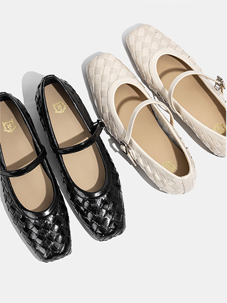 French Woven Slip-On Mary Jane Flats with Buckle Strap