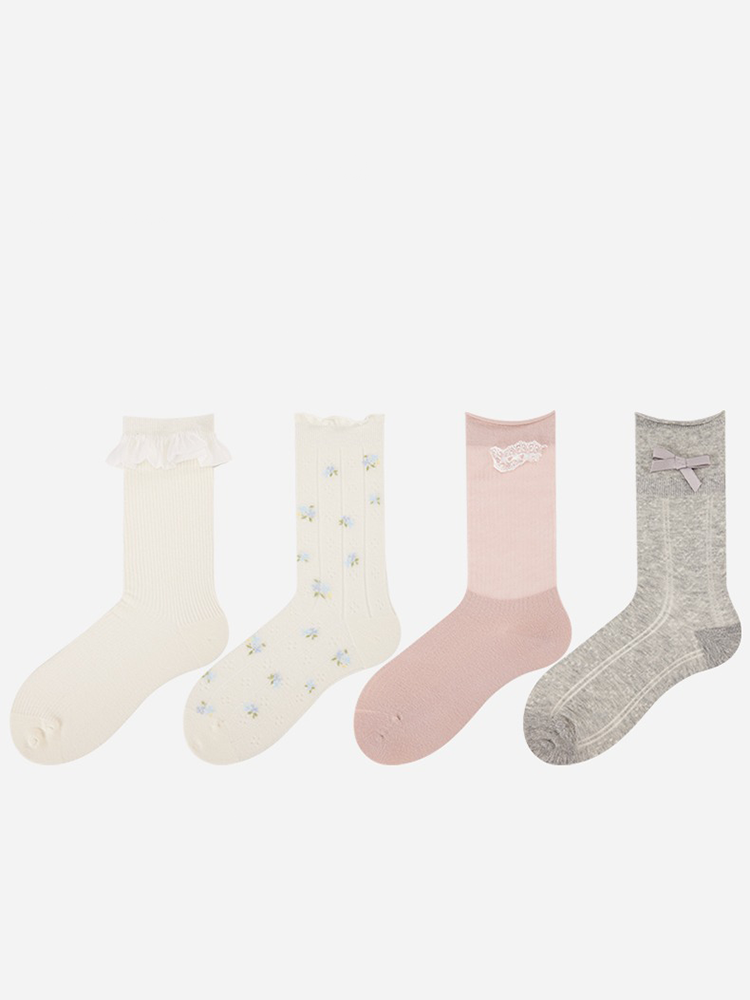 Lace Floral Bow Bubble Crew Socks