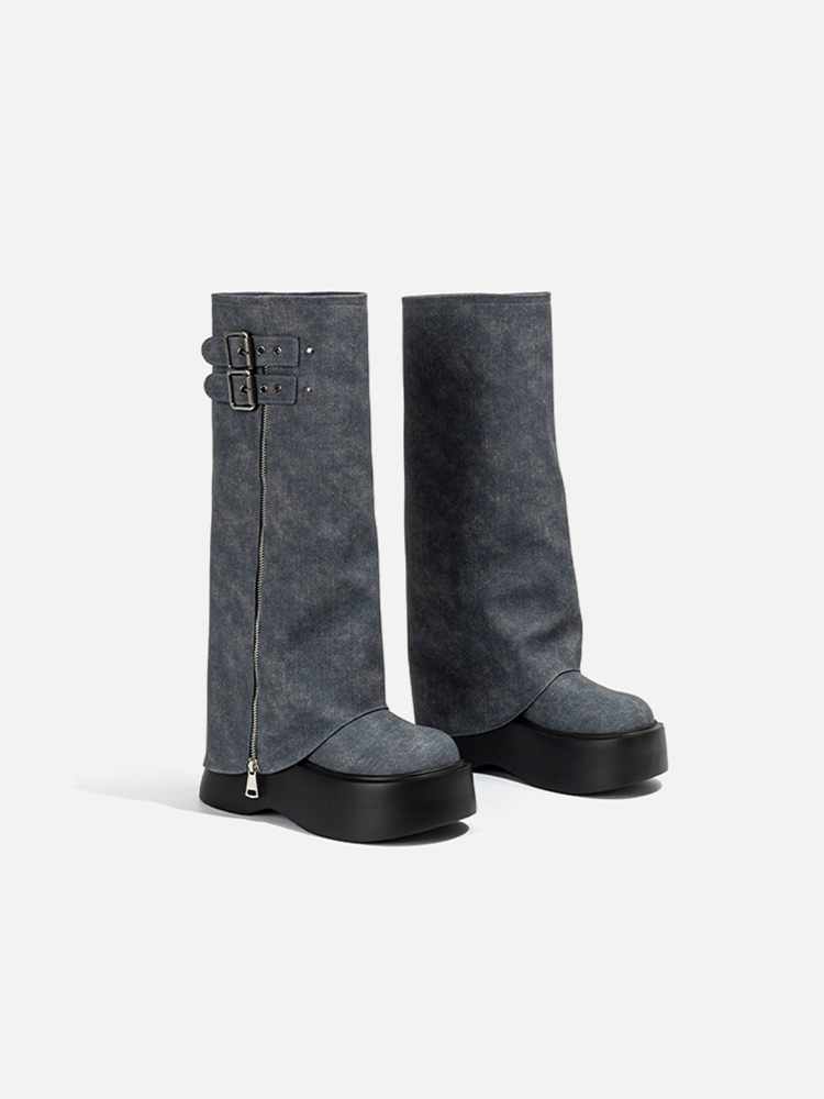 Denim Stacked Long Boots